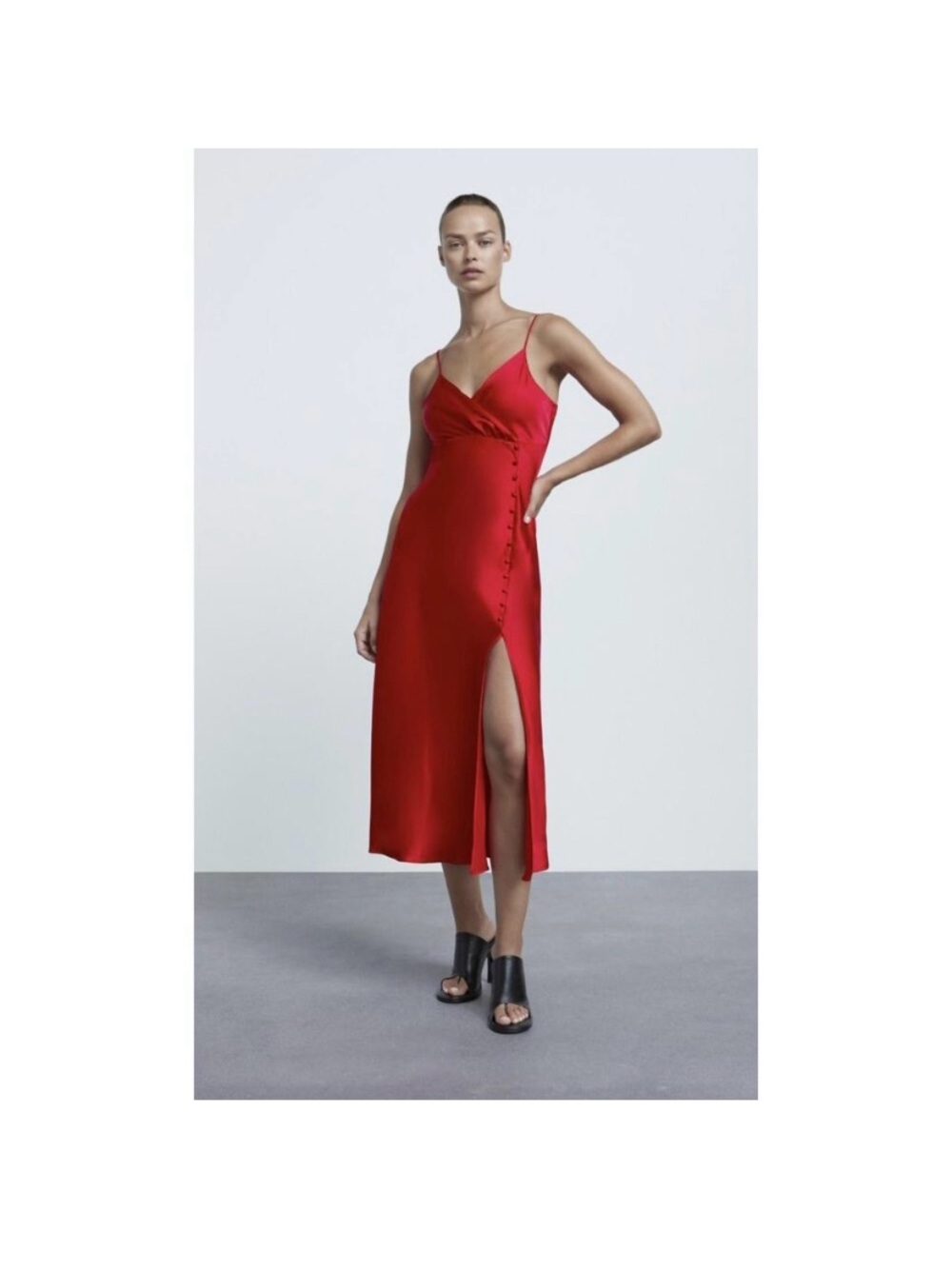 Zara Red Satin Midi Slip Dress with Side Buttons & Thigh Slit